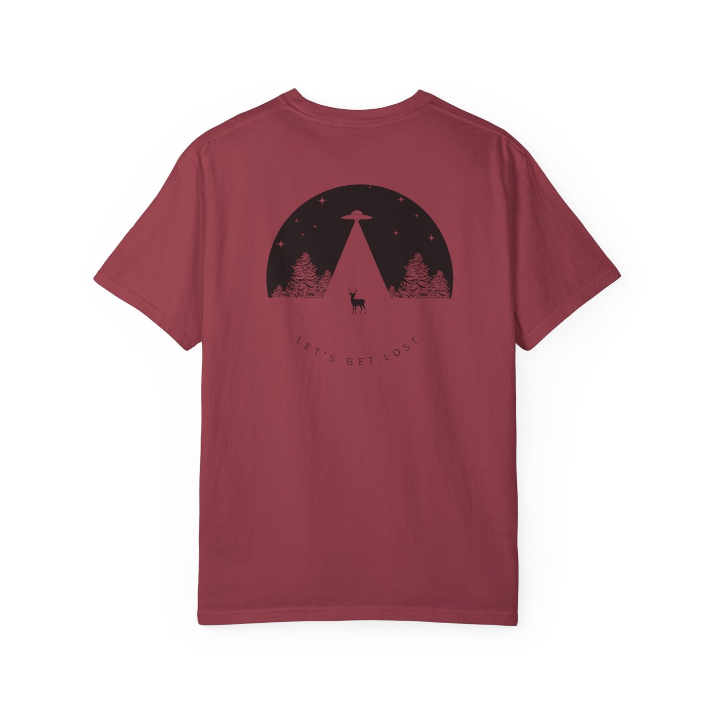 Adult Short Sleeve Tee Let's Get Lost UFO In The Woods