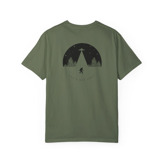 Adult Short Sleeve Tee Let's Get Lost With Bigfoot UFO In The Woods