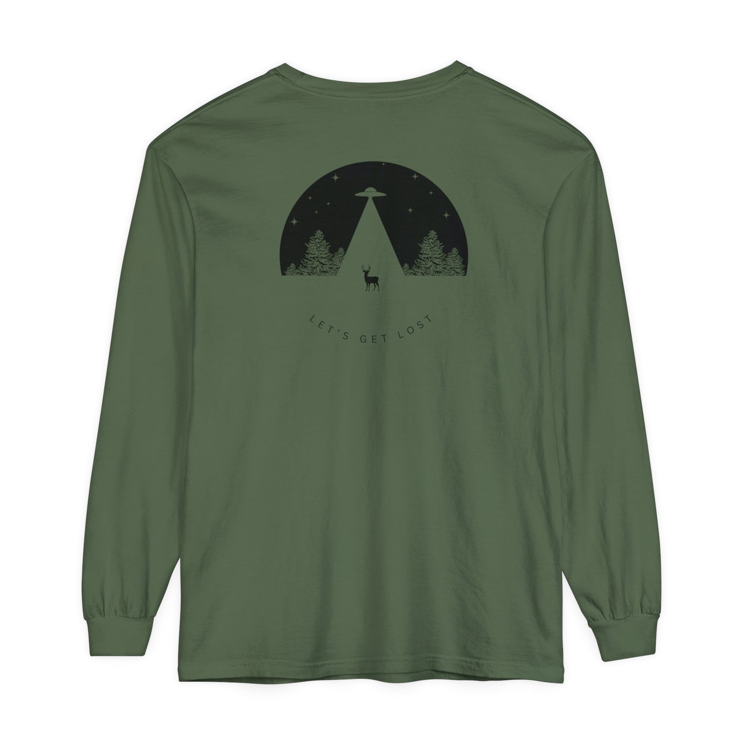 Adult Long Sleeve Tee Let's Get Lost UFO In The Woods