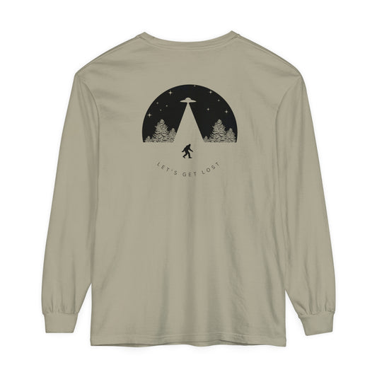 Adult Long Sleeve Tee Let's Get Lost With Bigfoot UFO In The Woods