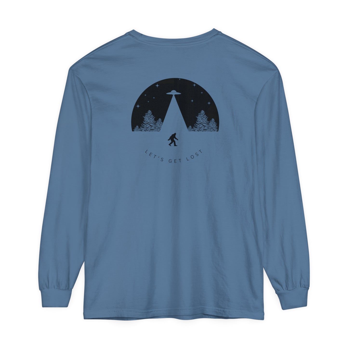 Adult Long Sleeve Tee Let's Get Lost With Bigfoot UFO In The Woods