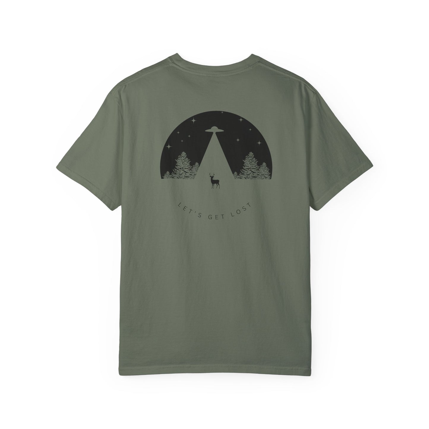 Adult Short Sleeve Tee Let's Get Lost UFO In The Woods