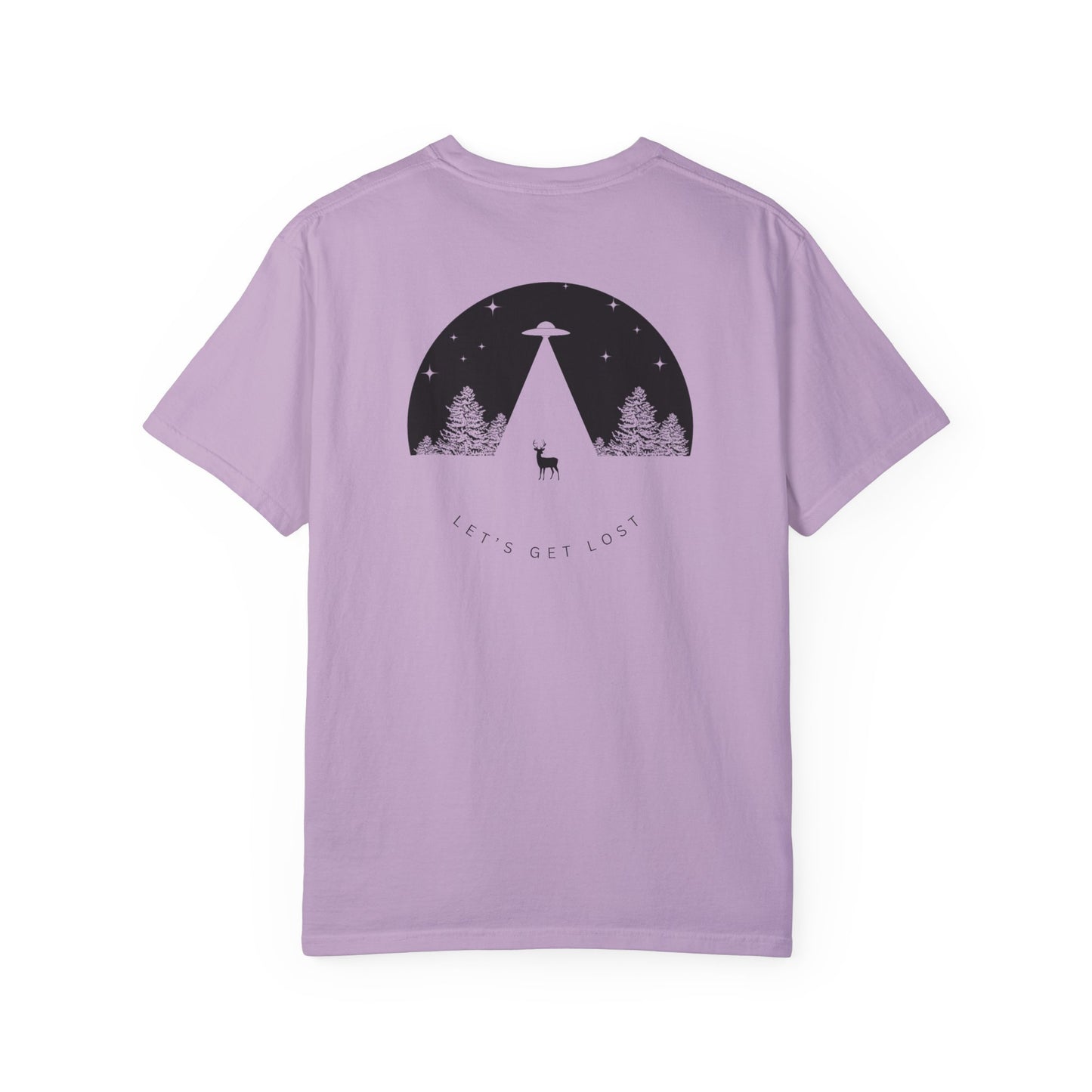 Adult Short Sleeve Tee Let's Get Lost UFO In The Woods