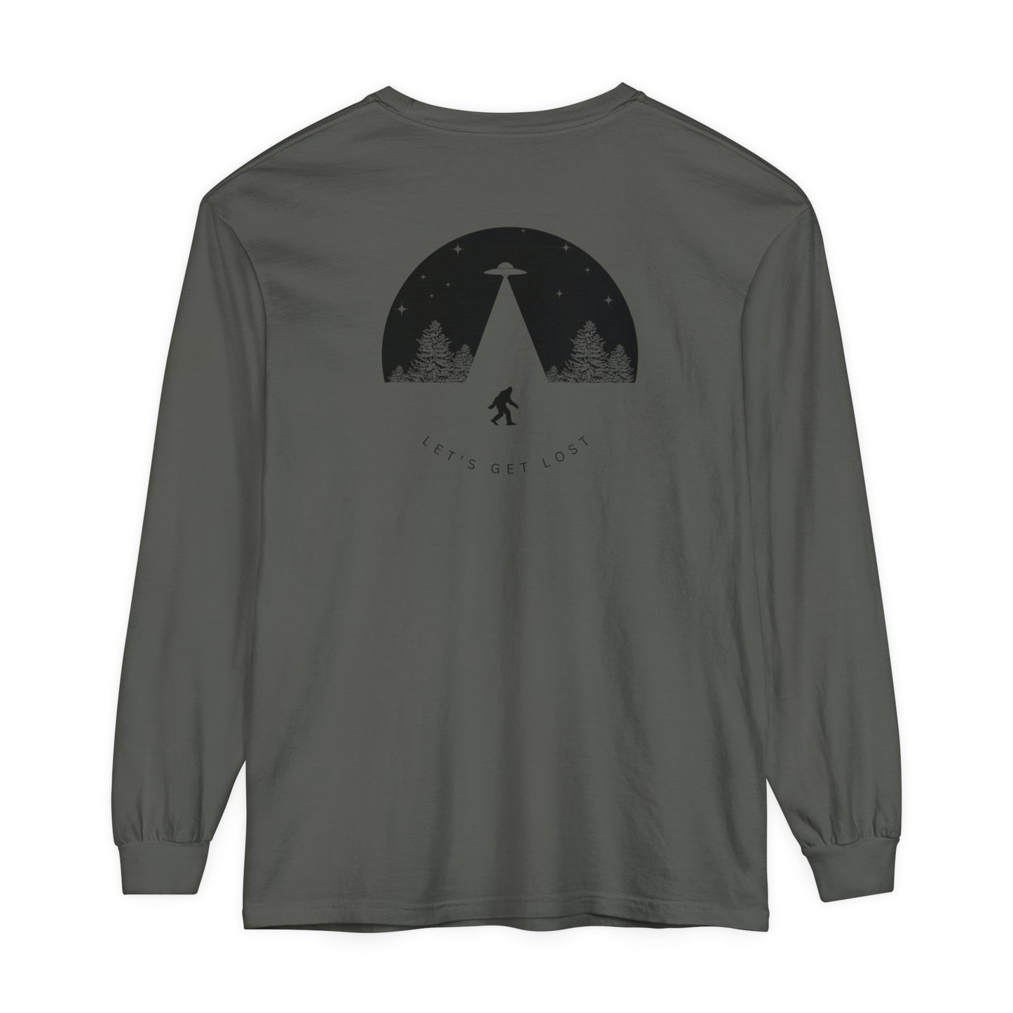 Adult Long Sleeve Tee Let's Get Lost With Bigfoot UFO In The Woods